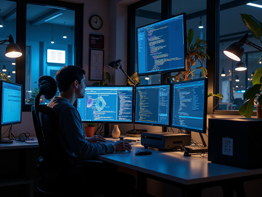 办公室工作场景，男性坐在电脑前专注工作，周围有多个显示器，整洁的办公桌面，自然光线