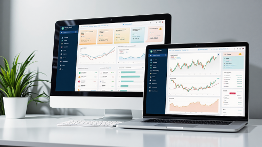 金融科技平台界面截图，显示交易图表，账户信息，现代化设计风格，蓝色主题配色，清晰的数据展示